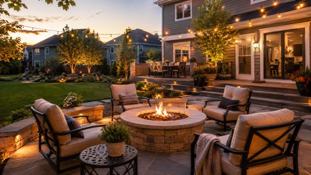 Backyard patio with a lit stone fire pit, cushioned chairs, string lights, landscaped garden beds, and a deck beside a suburban home at dusk.