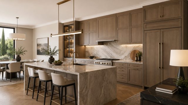 Luxury kitchen with floor-to-ceiling custom wood cabinetry, integrated appliances, a stone waterfall island, brass hardware, and suspended lighting.