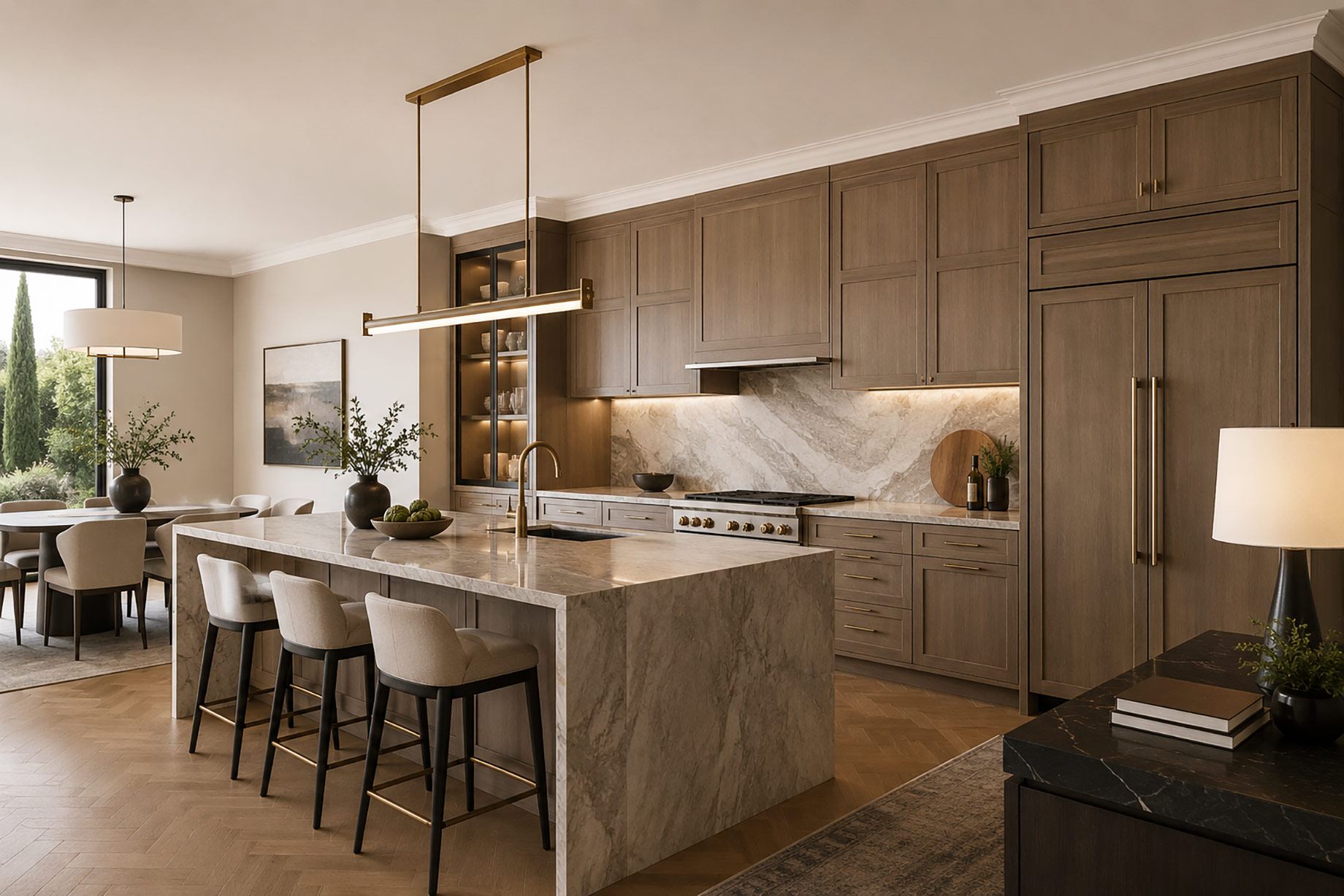 Luxury kitchen with floor-to-ceiling custom wood cabinetry, integrated appliances, a stone waterfall island, brass hardware, and suspended lighting.