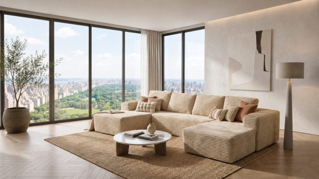 Cream frame-free modular couch in a minimalist high-rise living room overlooking a city park.