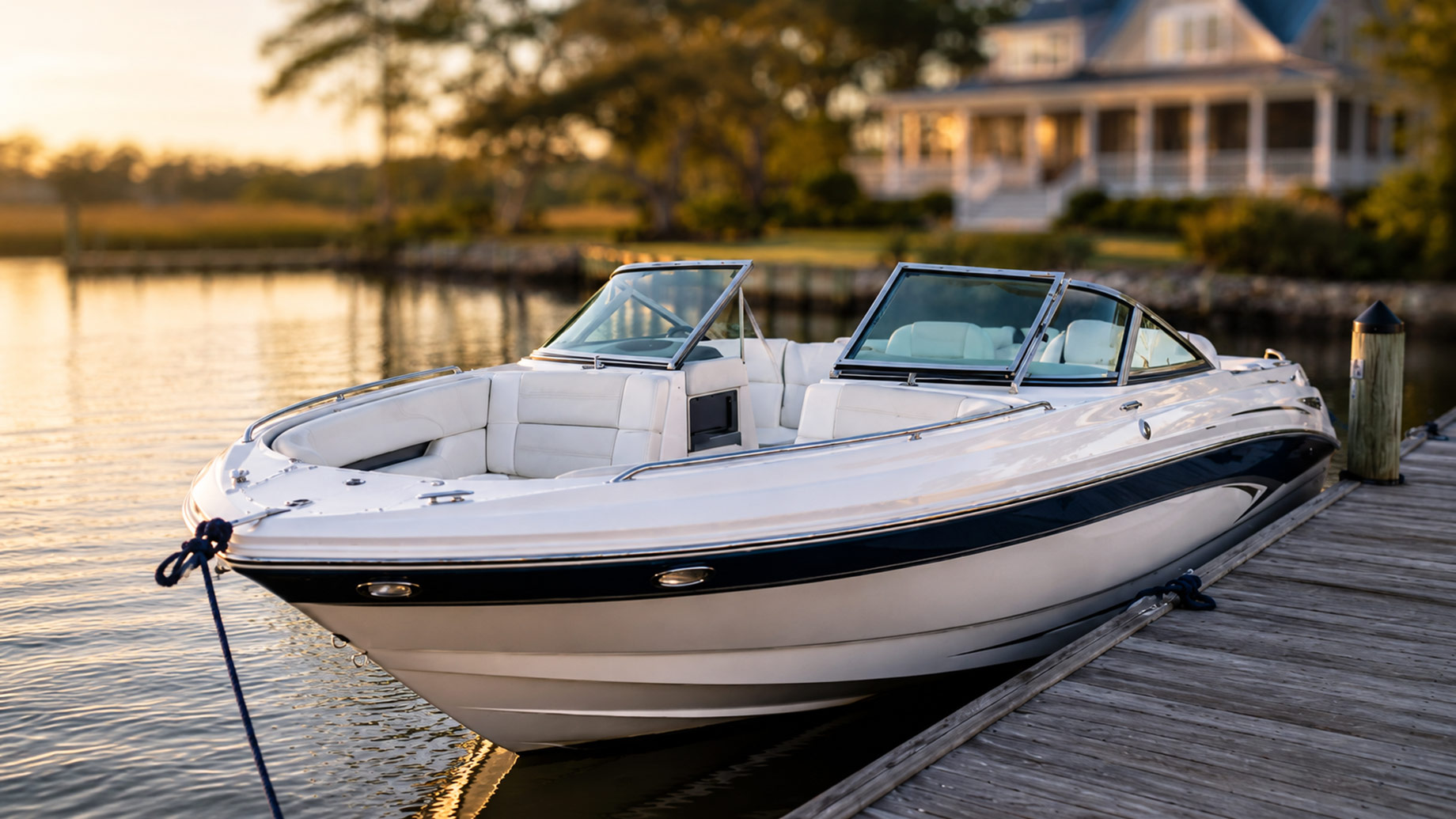 White and navy bowrider moored beside a private dock, with a softly blurred waterfront home in Washington, North Carolina, behind it.