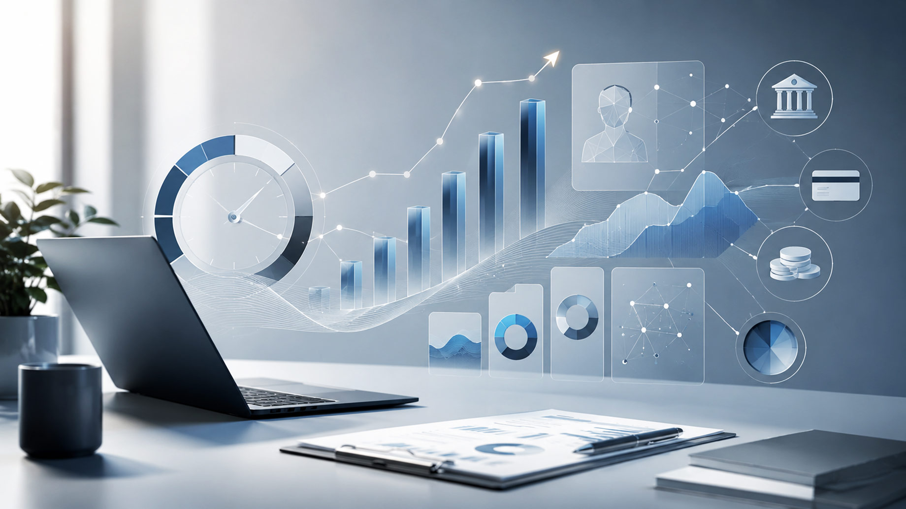 Modern workspace with a laptop surrounded by rising bars, circular charts, financial symbols, and connected graphics representing business credit analysis.