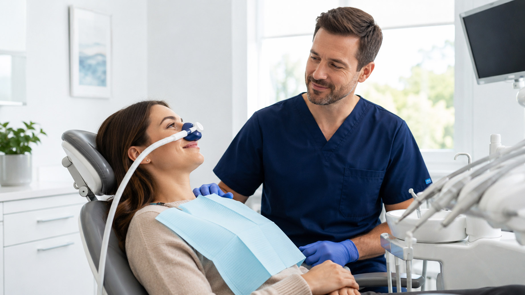 Patient resting in a dental chair with a nitrous oxide mask while a dentist provides calm, reassuring care.