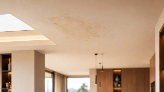 Slight water damage on the ceiling of a modern luxury home, with the surrounding interior softly blurred in the background.