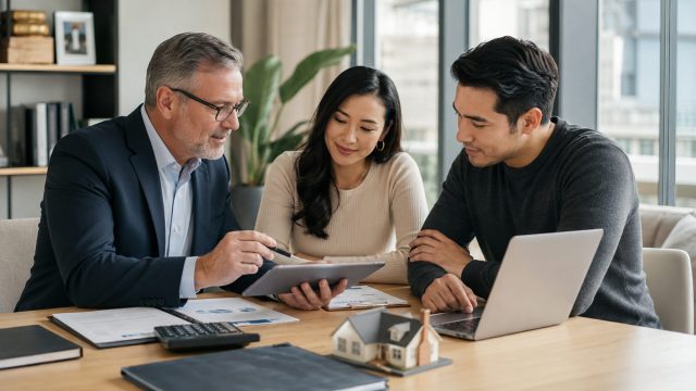 Certified financial advisor reviewing investments, taxes, savings goals, and property plans with a couple in a modern office.