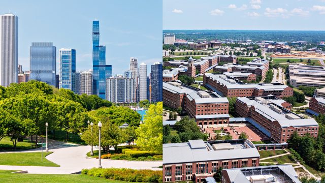 Split view comparing Chicago’s downtown skyline and parkland with Overland Park’s suburban office campuses, roads, and green surroundings.