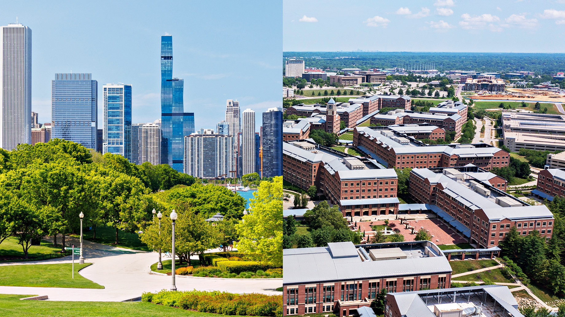 Split view comparing Chicago’s downtown skyline and parkland with Overland Park’s suburban office campuses, roads, and green surroundings.
