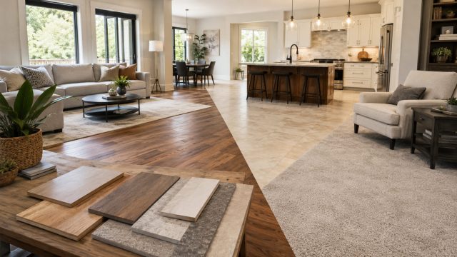 Flooring samples displayed inside a bright open-plan home with hardwood, tile, and carpet surfaces across the living room and kitchen.