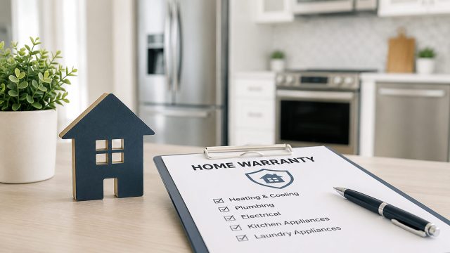 Home warranty document beside a house model and pen in a modern kitchen with major household appliances.