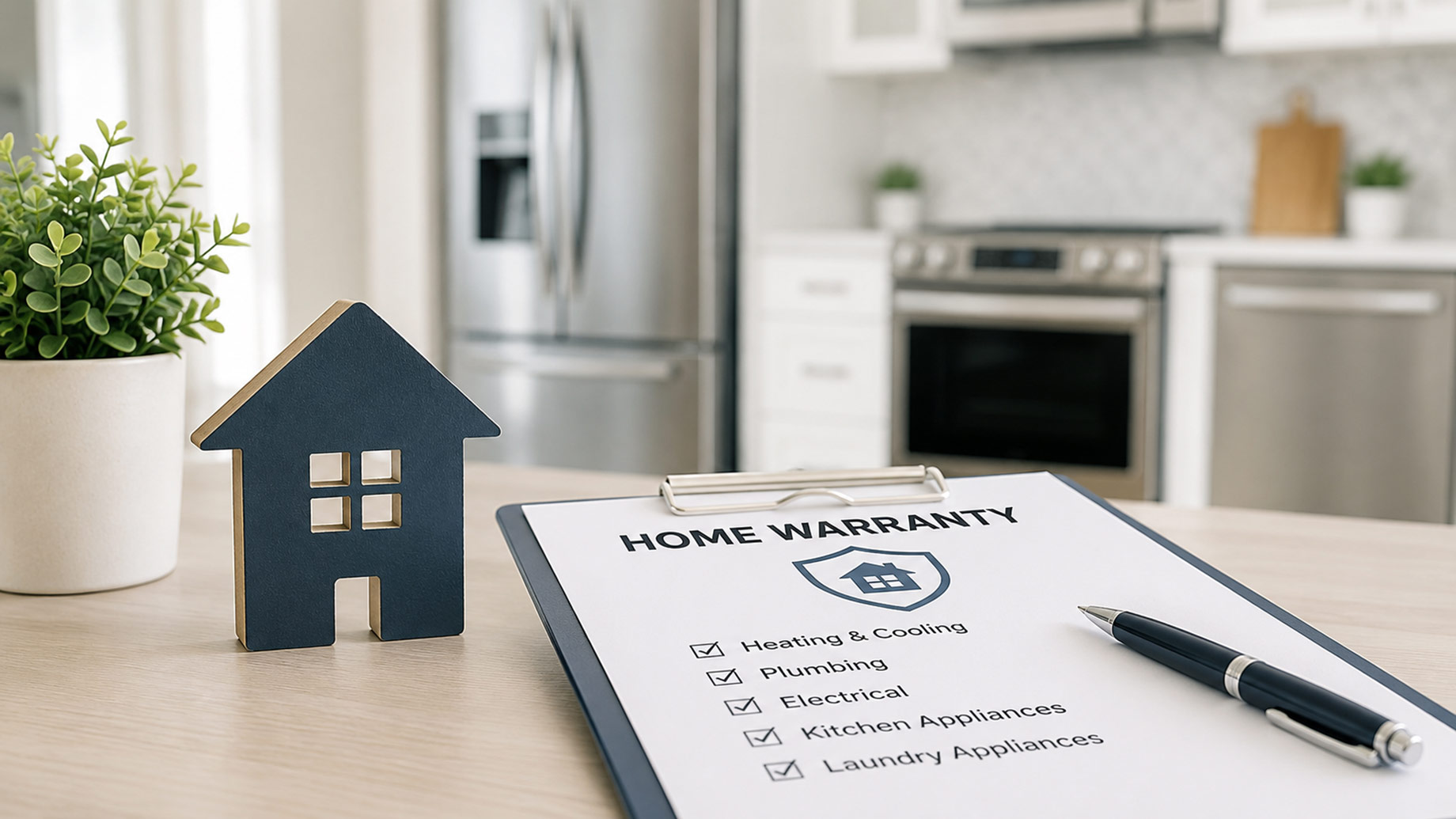 Home warranty document beside a house model and pen in a modern kitchen with major household appliances.