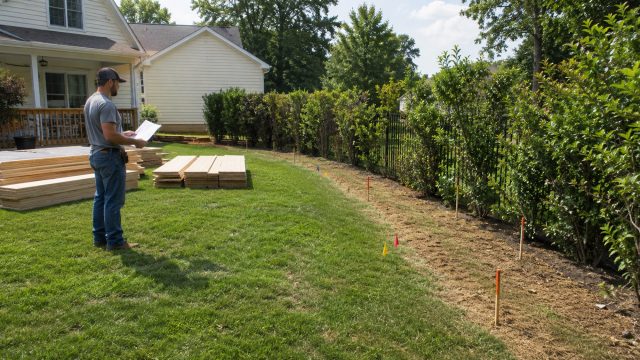Contractor reviewing plans in a Clayton backyard with marked property lines, cleared fence path, stacked lumber, shrubs, and utility flags.