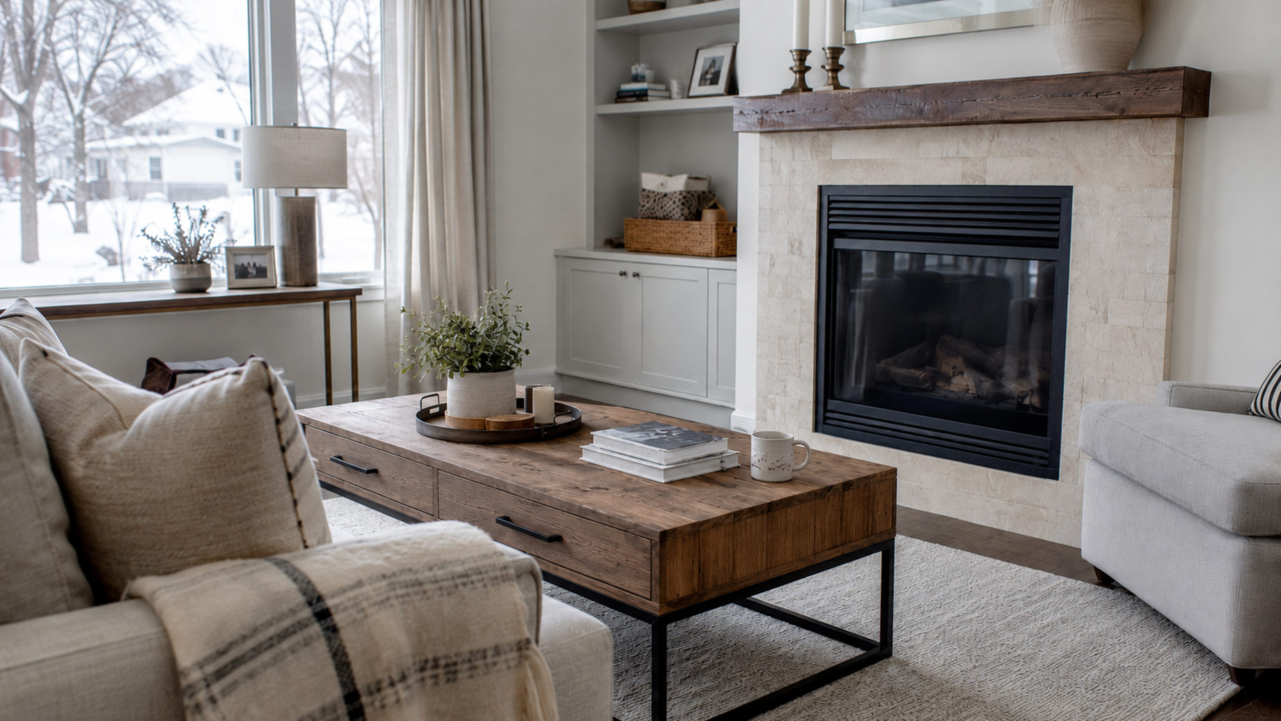 Bright Chicago living room with a fireplace, upholstered seating, hardwood floors, and a snowy residential neighbourhood visible through the window.