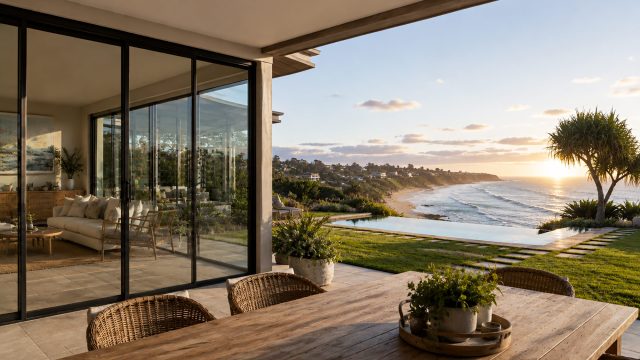 Modern coastal home with closed sliding glass doors, a sheltered patio dining area, infinity pool, landscaped garden, and panoramic ocean views.