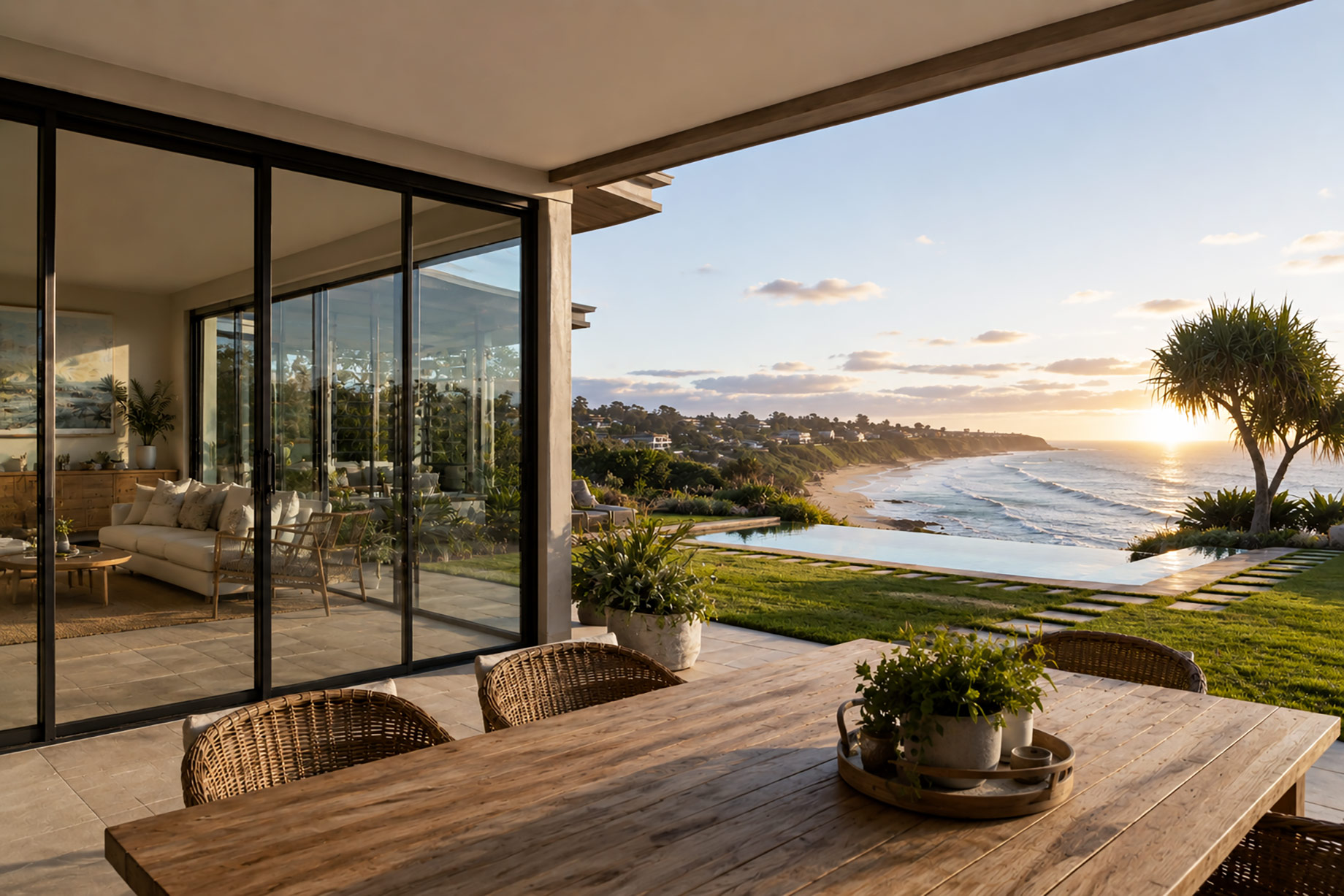 Modern coastal home with closed sliding glass doors, a sheltered patio dining area, infinity pool, landscaped garden, and panoramic ocean views.