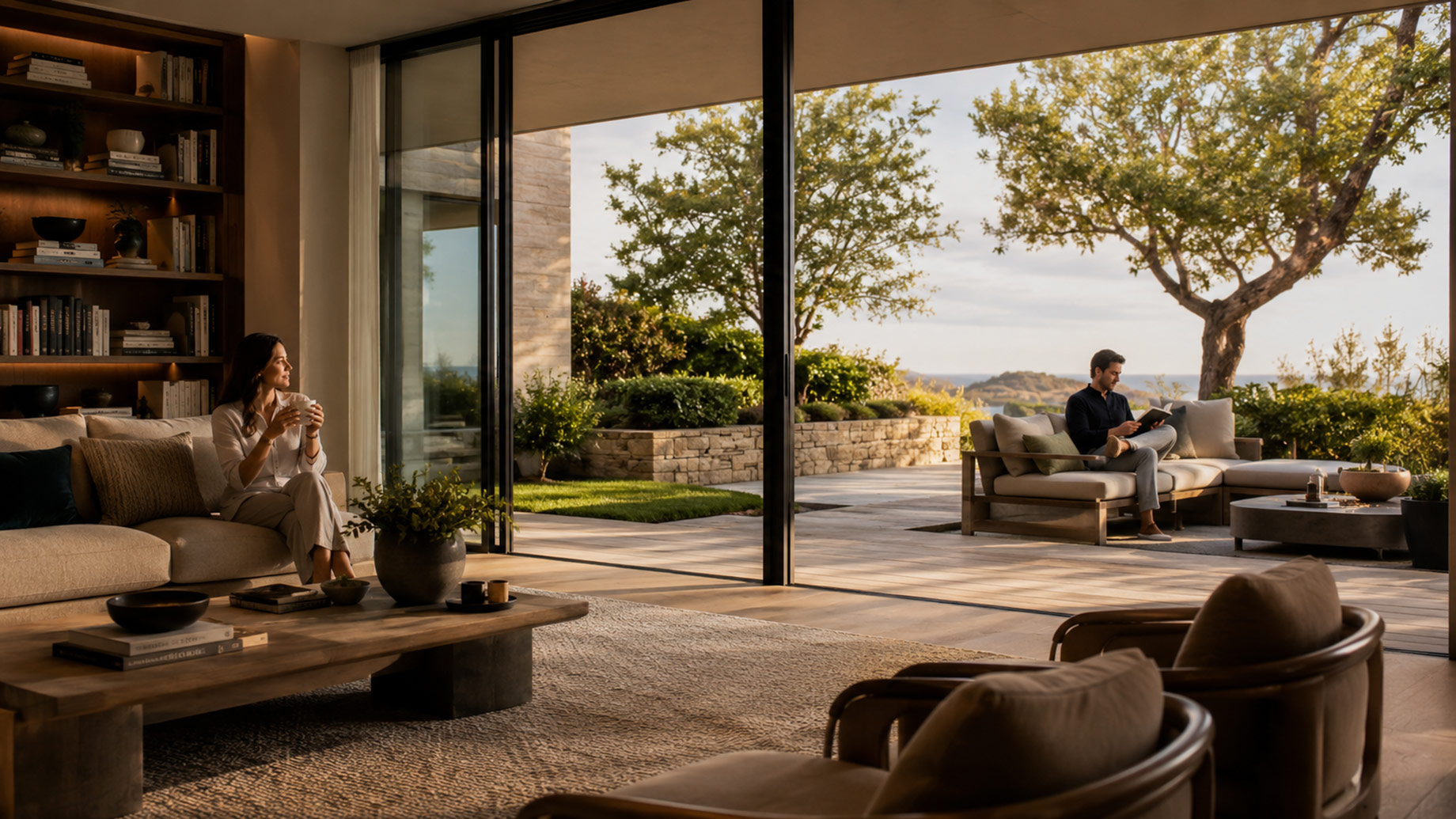 Elegant living room opening to a landscaped terrace where two people enjoy a calm, comfortable luxury lifestyle.