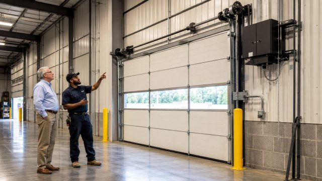 Technician and facility manager inspecting a sectional commercial garage door opener, shaft hardware, tracks, and wall-mounted controls inside a warehouse.