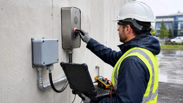 Technician in rain gear tests a stainless steel IP emergency intercom beside sealed network enclosures using a rugged laptop and multimeter.