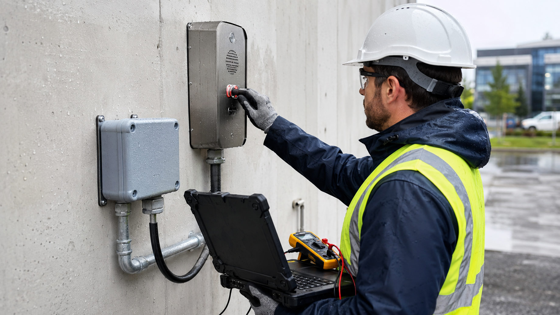 Technician in rain gear tests a stainless steel IP emergency intercom beside sealed network enclosures using a rugged laptop and multimeter.