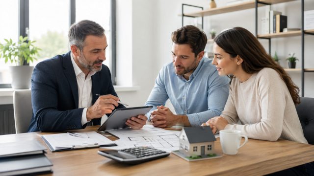 Mortgage lender explaining financing options to a couple using a tablet, calculator, property plans, and a small house model.