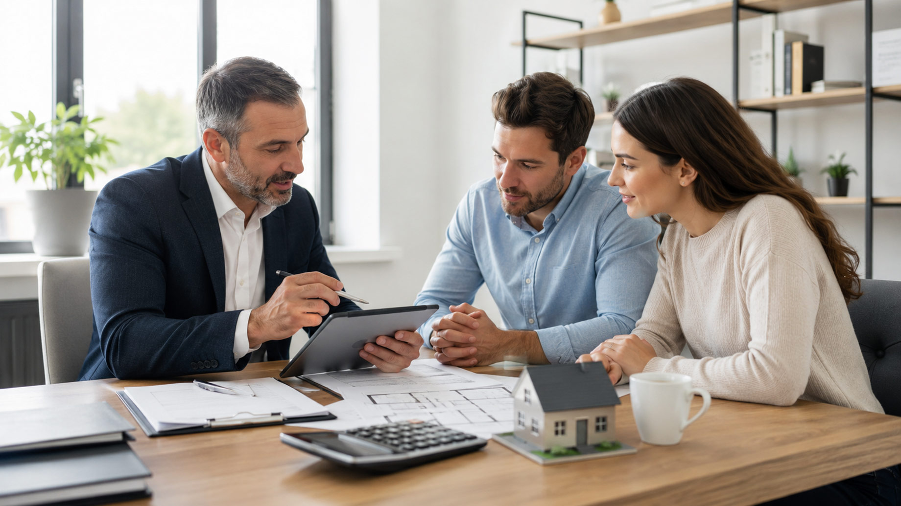 Mortgage lender explaining financing options to a couple using a tablet, calculator, property plans, and a small house model.