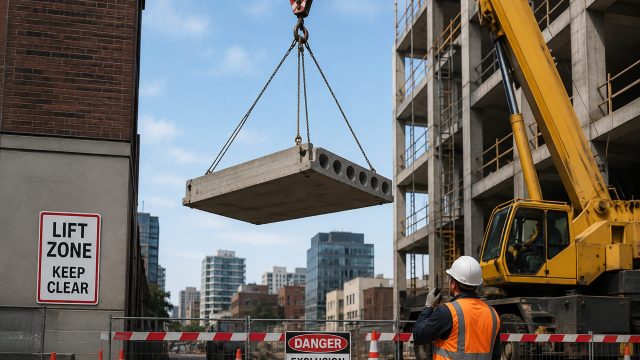 Mobile crane lifts a precast concrete panel between closely spaced city buildings while a signaler manages the secured exclusion zone.