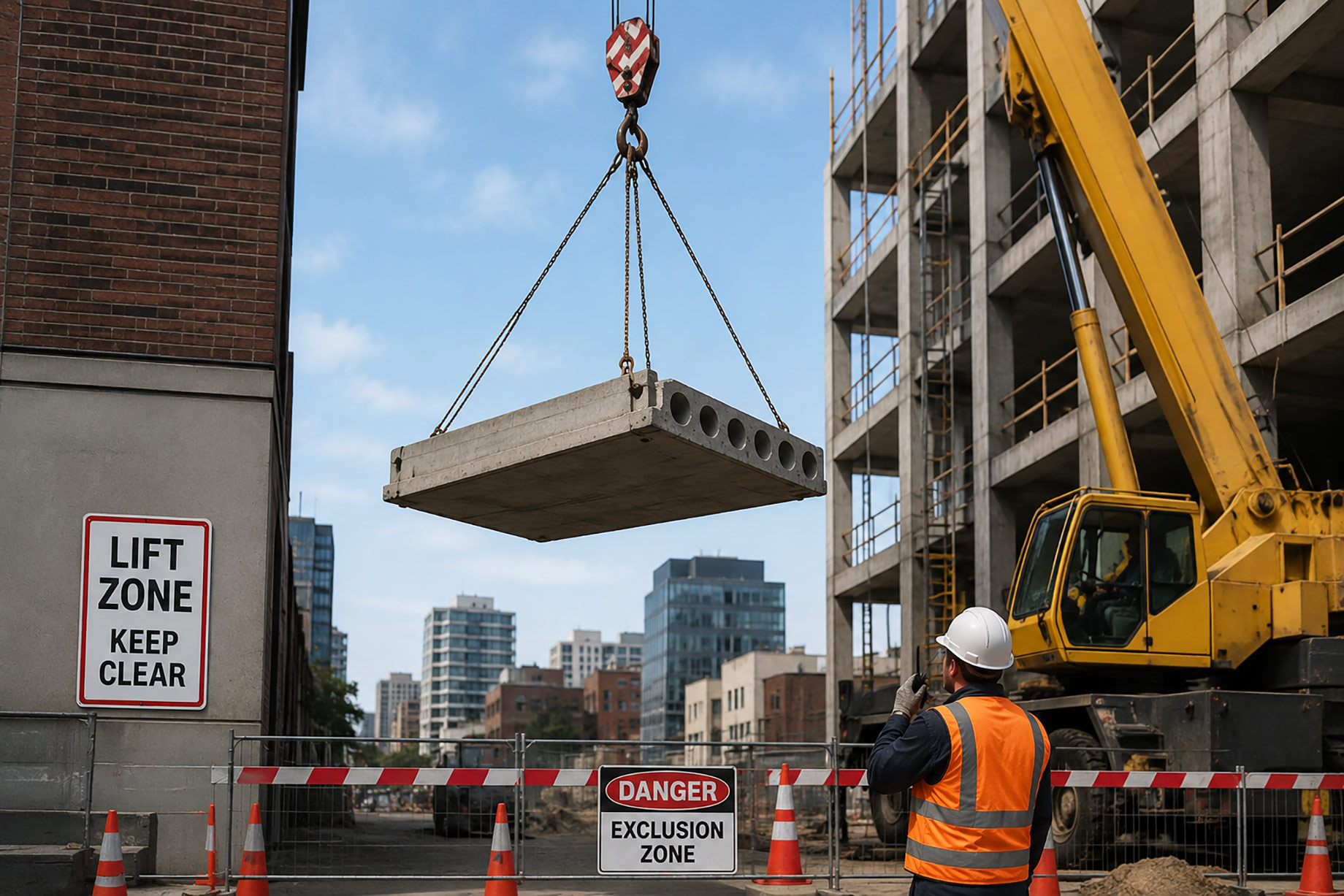 Mobile crane lifts a precast concrete panel between closely spaced city buildings while a signaler manages the secured exclusion zone.