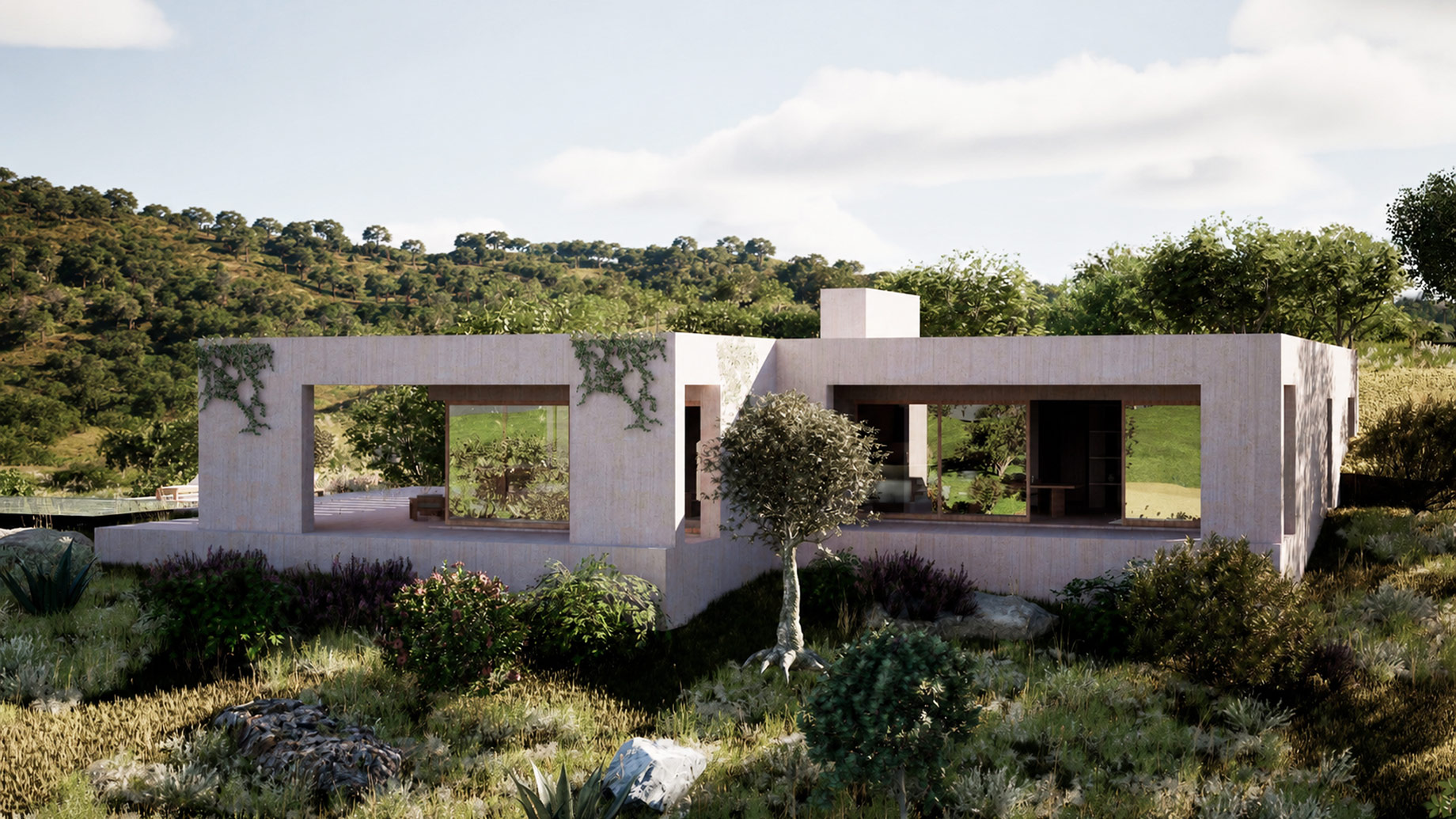Low-profile Apaulinha house surrounded by cork oaks and Mediterranean planting near Melides.