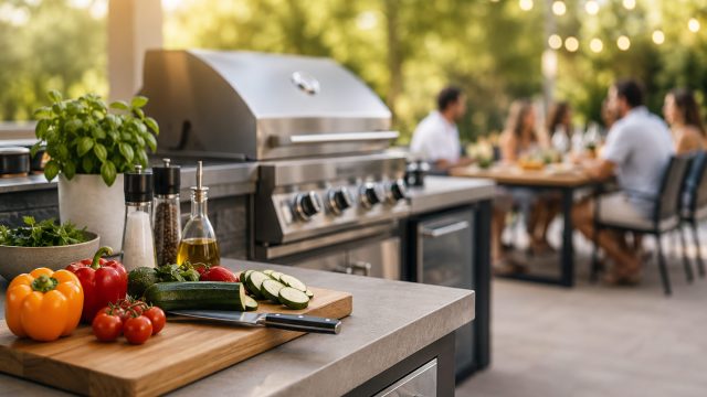 Fresh vegetables and cooking tools arranged beside a stainless steel barbecue grill, with guests dining in the softly blurred background.