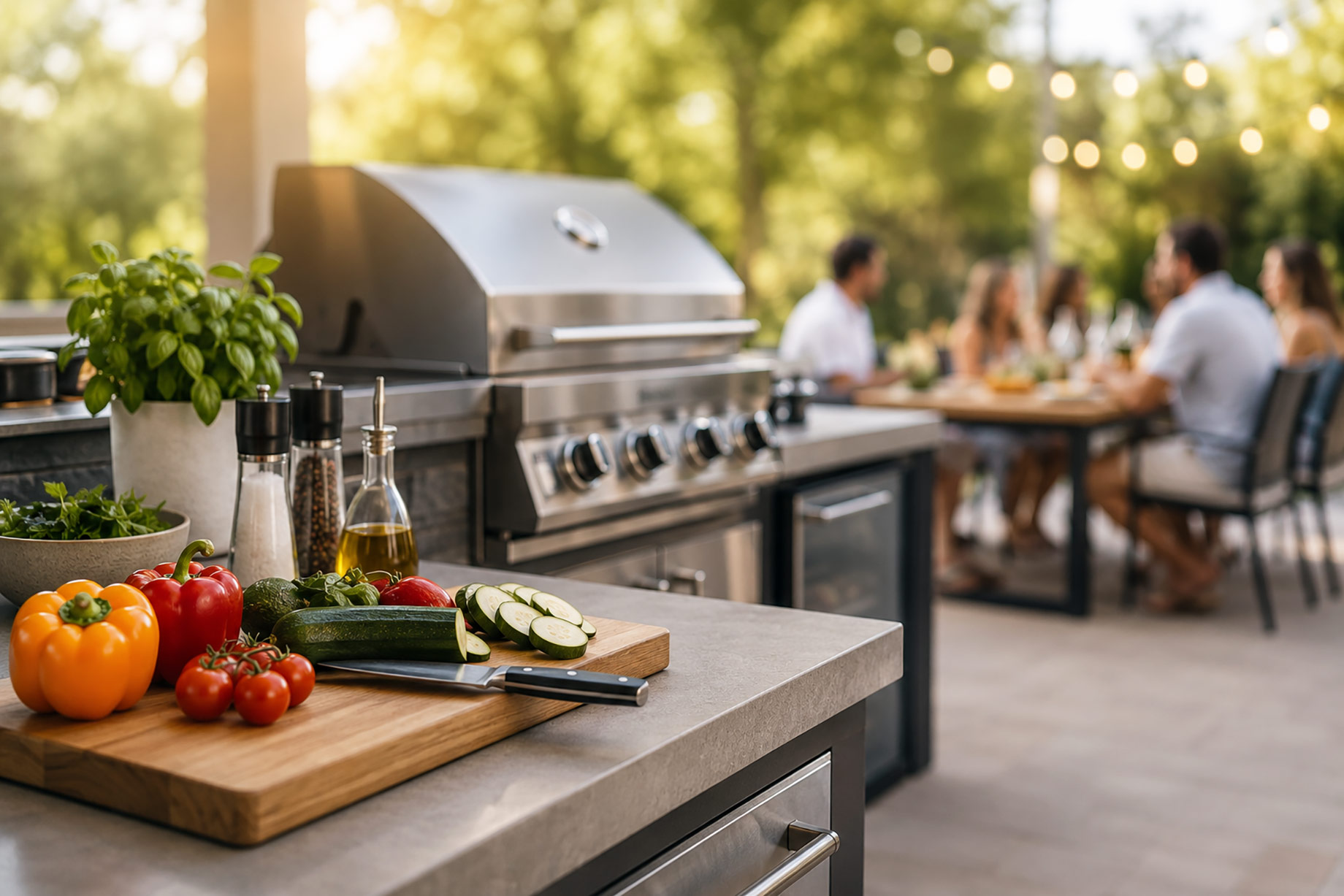 Fresh vegetables and cooking tools arranged beside a stainless steel barbecue grill, with guests dining in the softly blurred background.