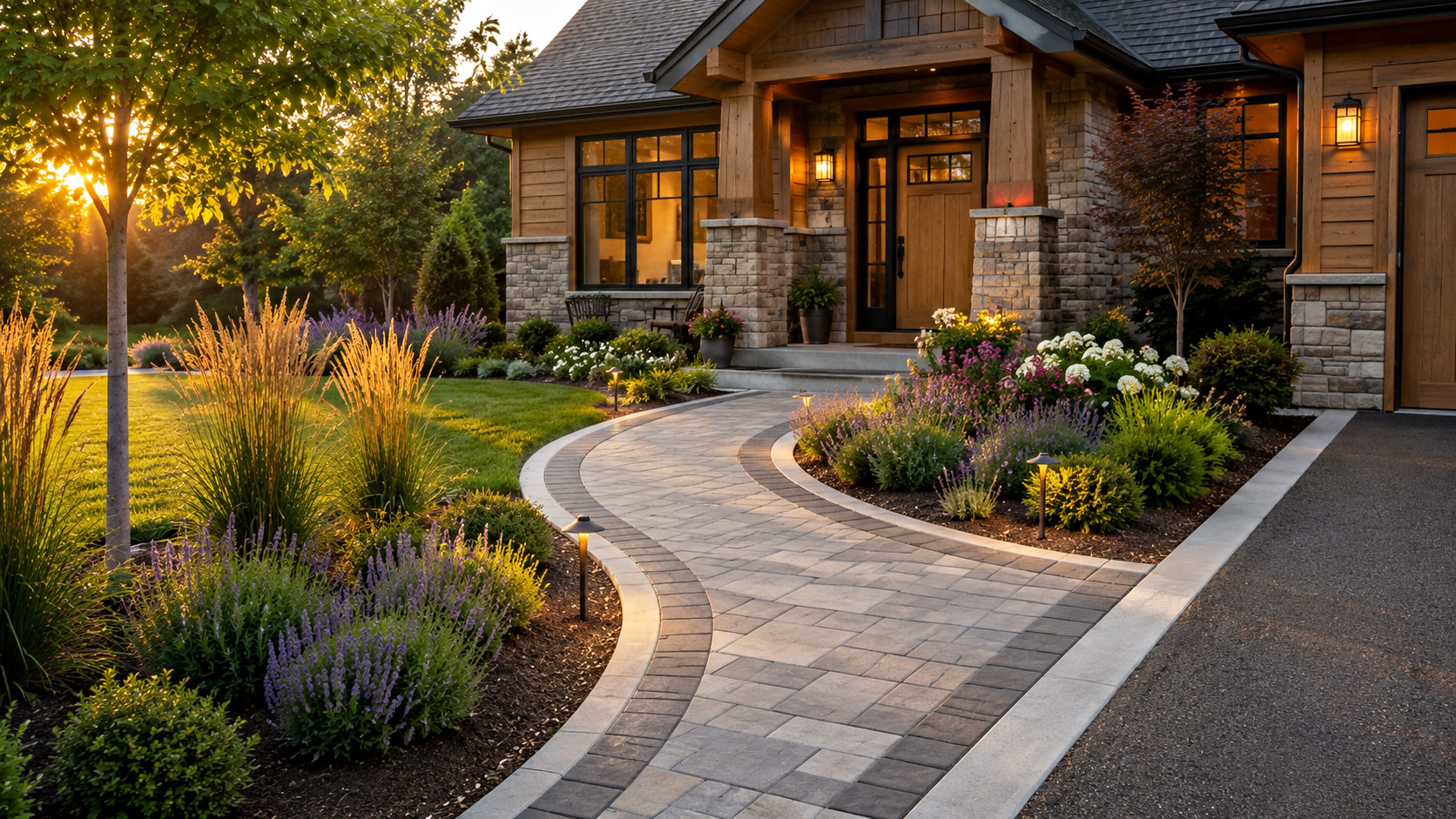 Curved paver walkway with contrasting borders, low path lights, and layered landscaping leading to a Craftsman-style home.