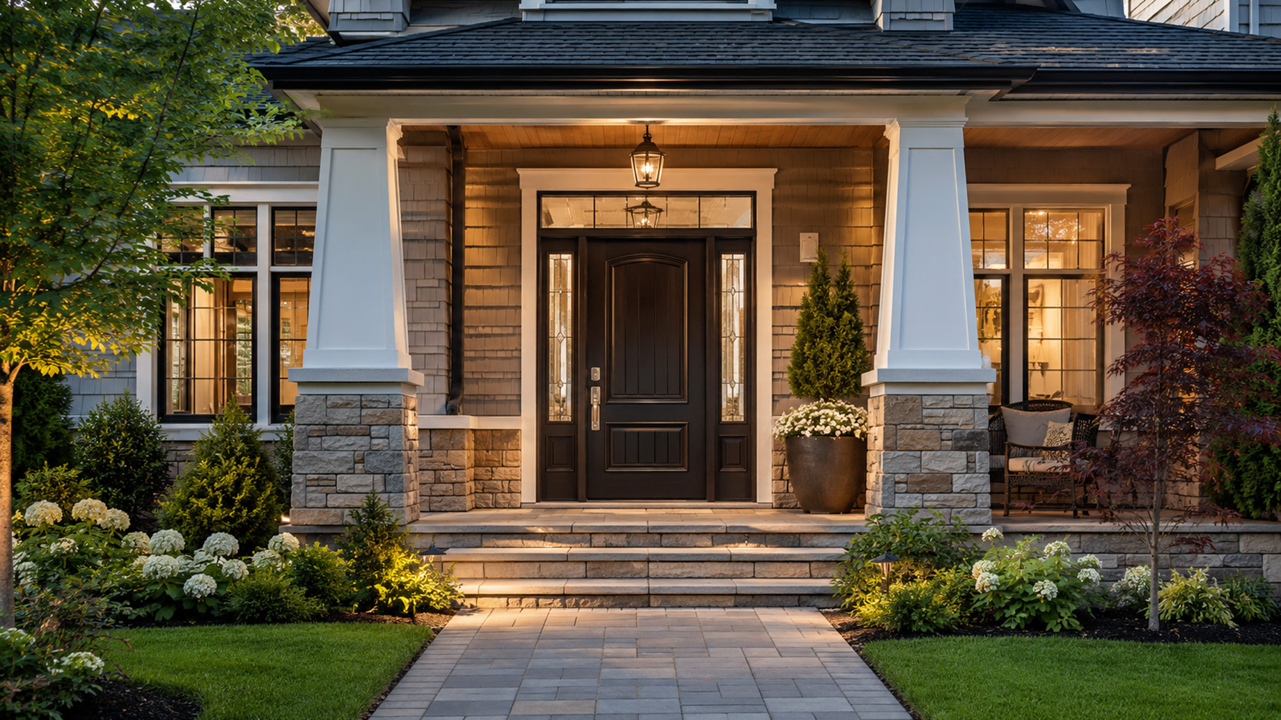 Custom black front door with glass sidelights, stone steps, warm exterior lighting, and landscaped gardens at an upscale residence.