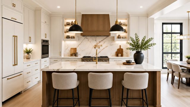 Custom luxury kitchen with white cabinetry, a wood island, marble surfaces, integrated appliances, brass fixtures, and adjoining dining space.