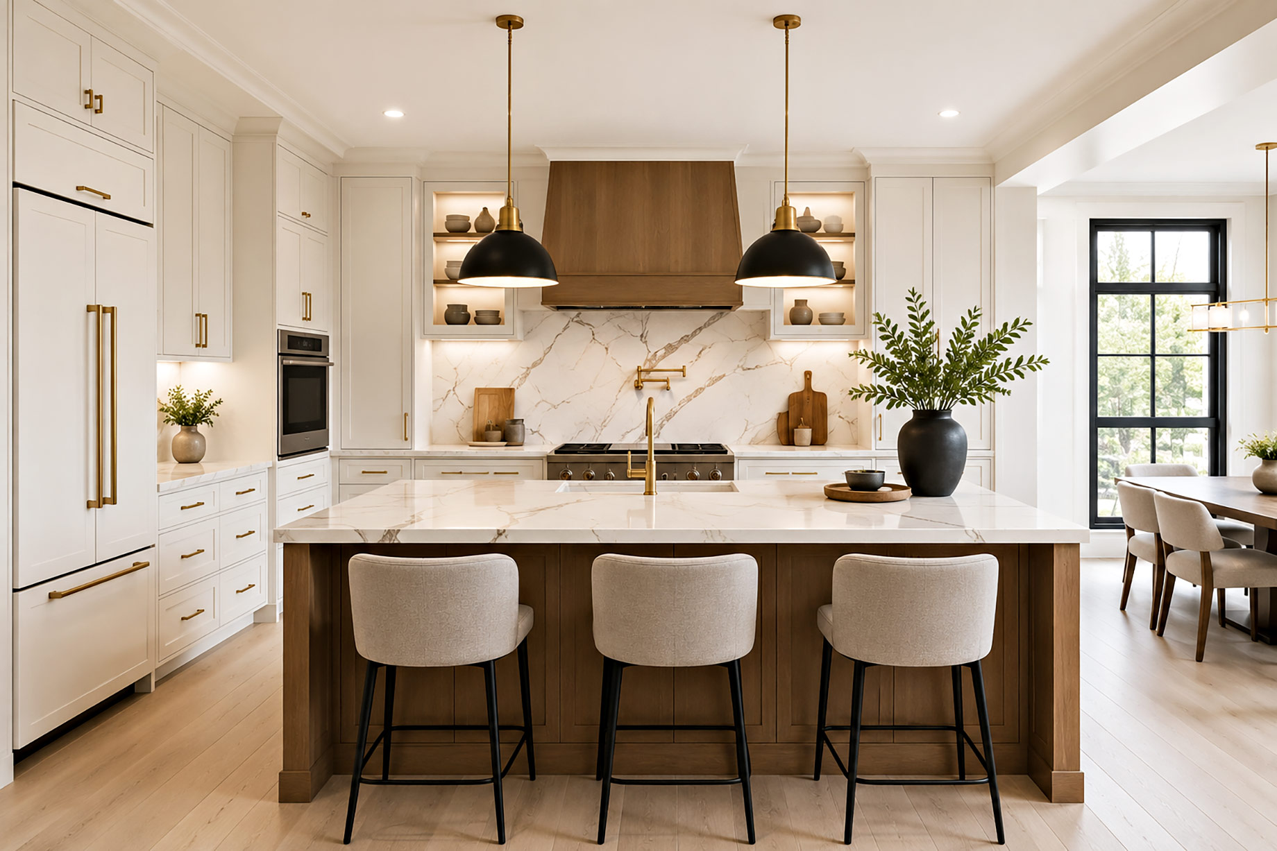 Custom luxury kitchen with white cabinetry, a wood island, marble surfaces, integrated appliances, brass fixtures, and adjoining dining space.