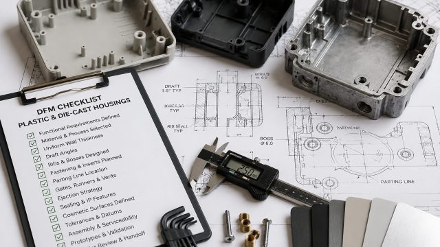 Plastic and die-cast metal housings arranged with engineering drawings, a DFM checklist, digital caliper, fasteners, inserts, and finish samples.