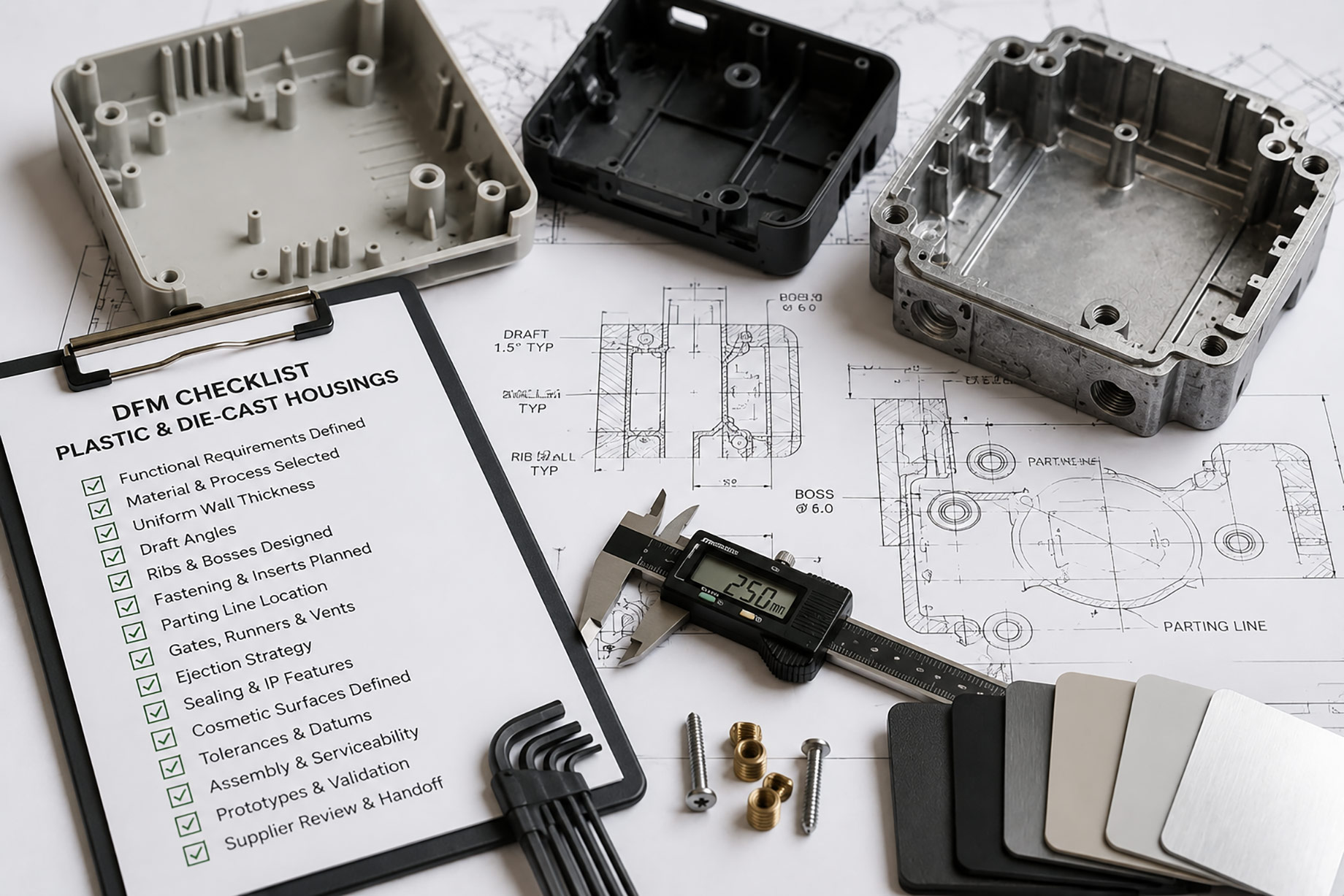 Plastic and die-cast metal housings arranged with engineering drawings, a DFM checklist, digital caliper, fasteners, inserts, and finish samples.