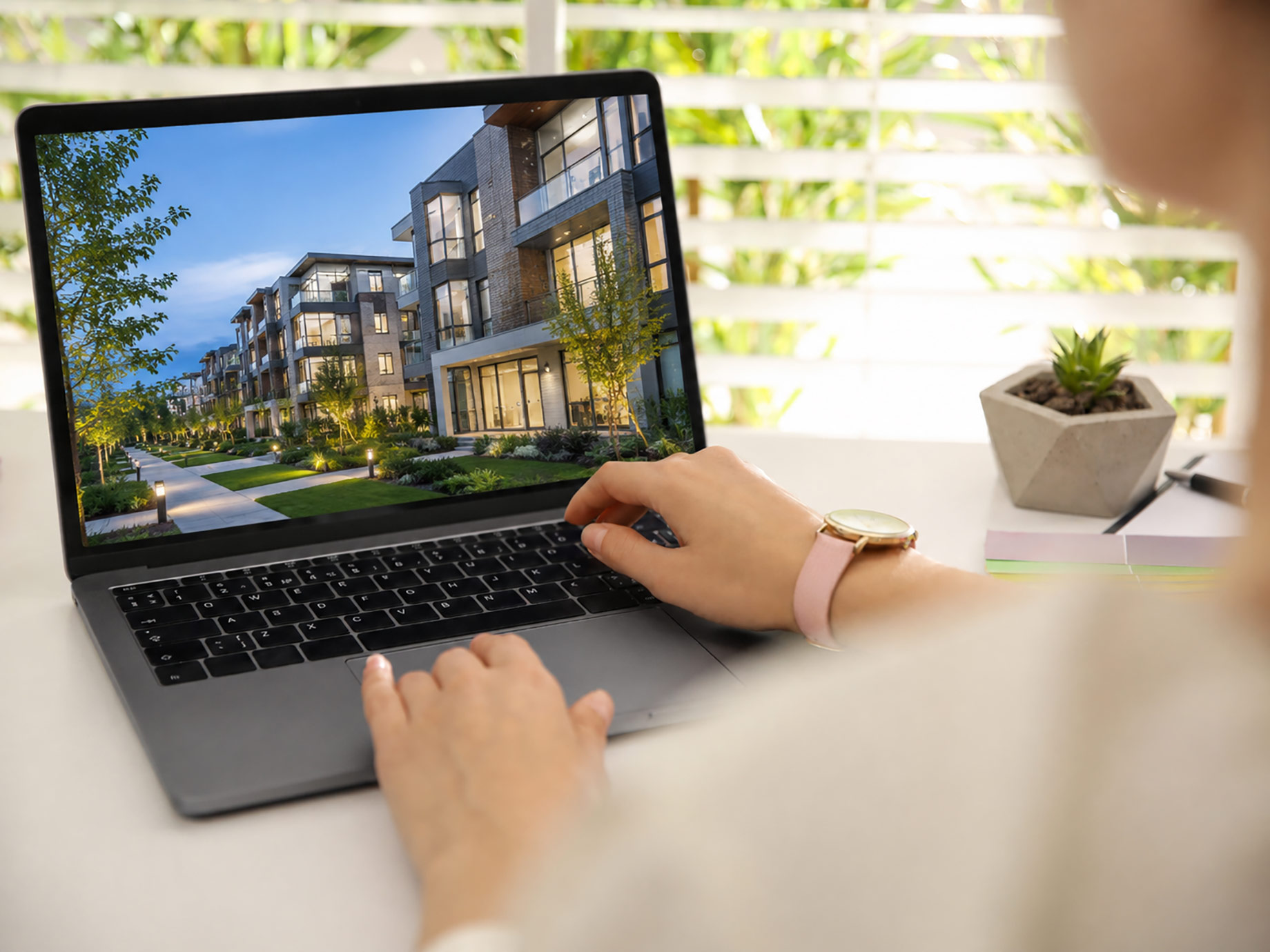 Real estate marketer reviewing a modern residential development on a laptop in a bright workspace.