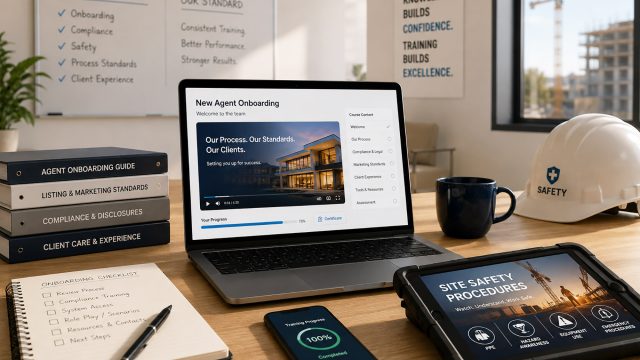 Laptop and tablet displaying onboarding and site-safety training beside real estate manuals, a checklist, smartphone, and construction hard hat.