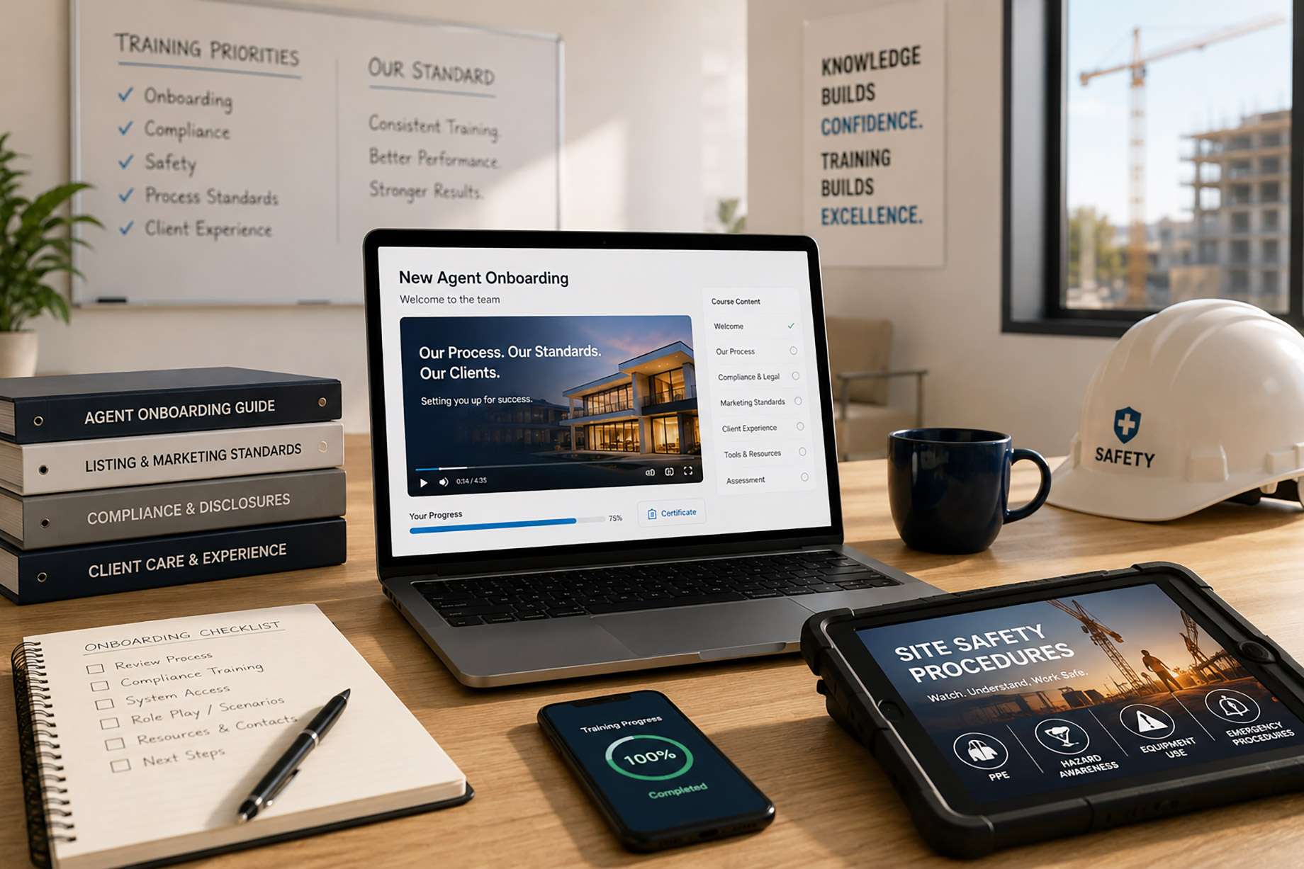 Laptop and tablet displaying onboarding and site-safety training beside real estate manuals, a checklist, smartphone, and construction hard hat.