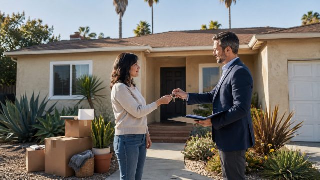 California homeowner exchanging house keys with a direct cash buyer outside a stucco home, with moving boxes near the entrance.