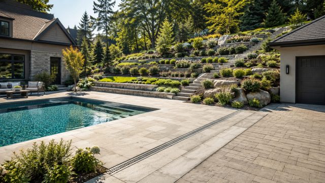 Luxury backyard with a swimming pool, stone terrace, linear drainage channel, landscaped retaining walls, and a stabilized garden slope.