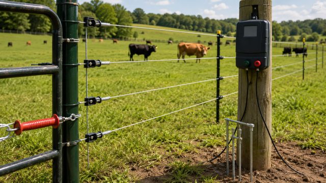 Electric fence wires, gate hardware, energizer unit, grounding rods, and cattle grazing in a green pasture.