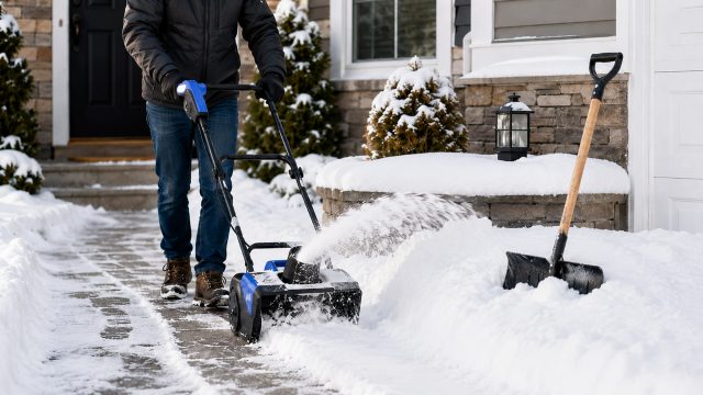 Person using an electric shovel to clear a snowy walkway beside a manual snow shovel dug into deep snow.