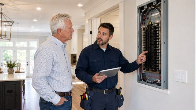 Electrical contractor explaining an open breaker panel to a homeowner inside a bright modern home.