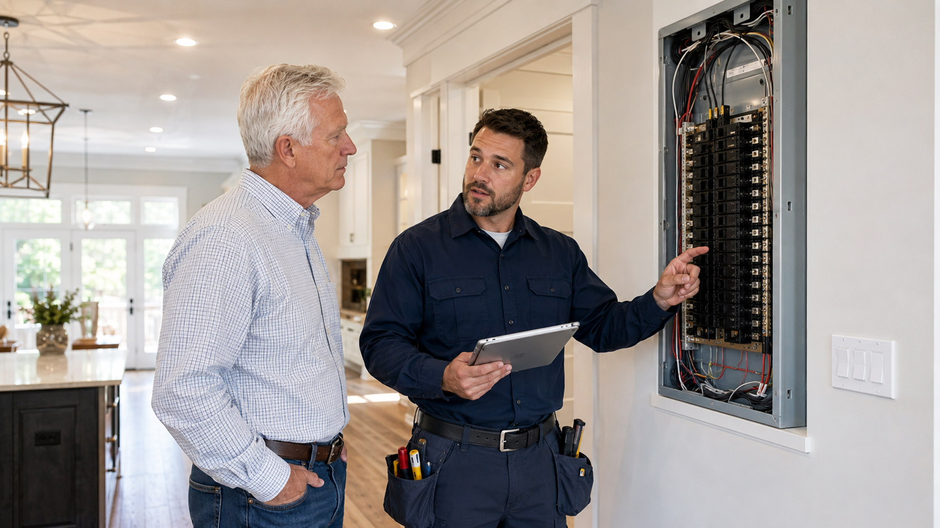 Electrical contractor explaining an open breaker panel to a homeowner inside a bright modern home.