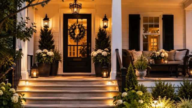 Elegant front porch with a black entry door, symmetrical planters, layered lantern lighting, stone steps, and a comfortable outdoor seating area.