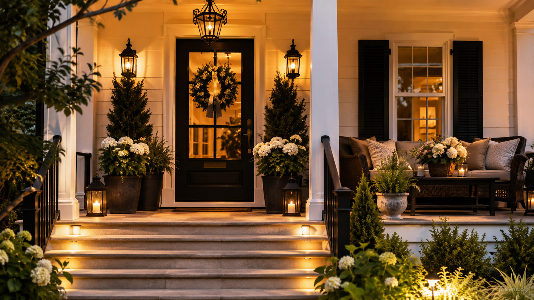 Elegant front porch with a black entry door, symmetrical planters, layered lantern lighting, stone steps, and a comfortable outdoor seating area.