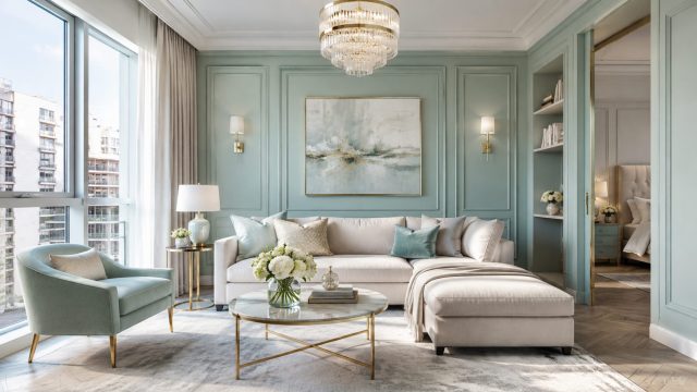 Luxury apartment living room with sage green wall panelling, cream seating, gold accents, large windows, and a bright urban view.