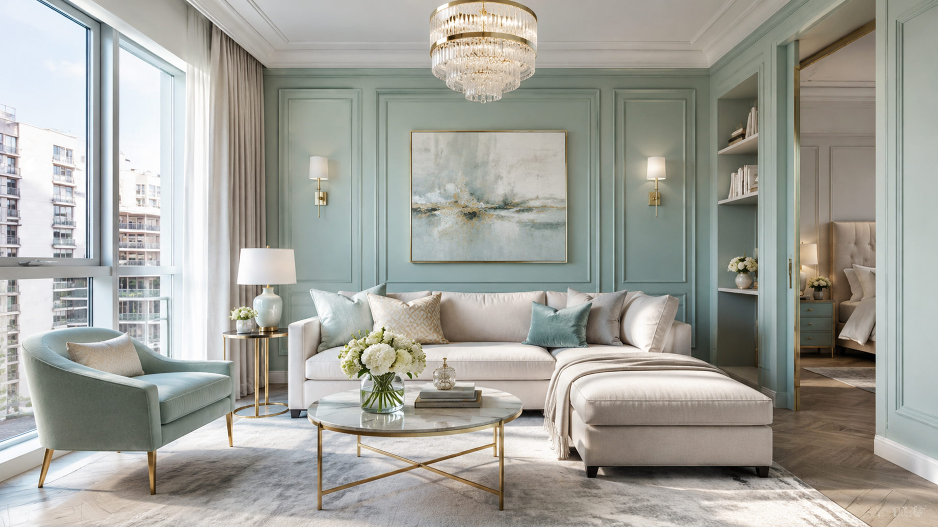 Luxury apartment living room with sage green wall panelling, cream seating, gold accents, large windows, and a bright urban view.