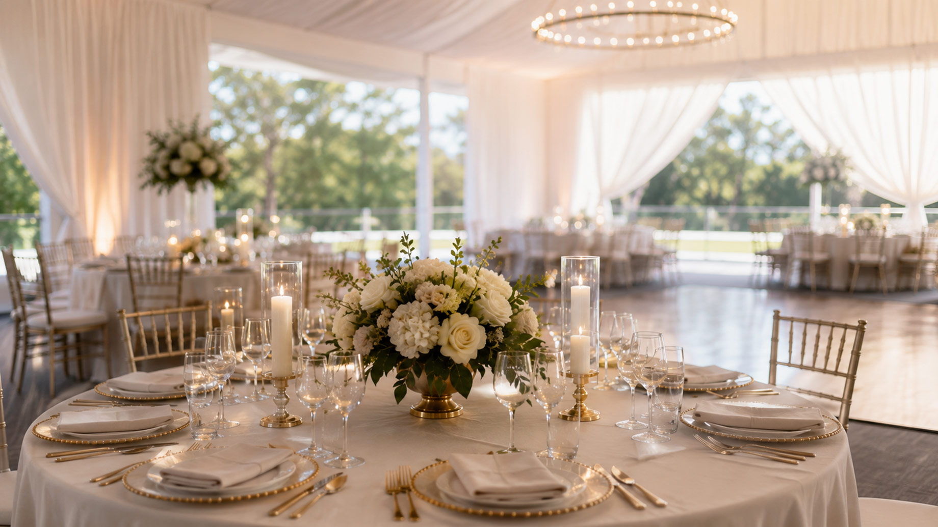 Refined luxury wedding reception with neutral floral arrangements, candlelit table settings, gold accents, and soft drapery inside an open-air Texas venue.