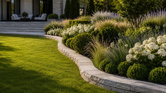 Curved natural stone garden edging separates a manicured lawn from layered flowering plants and ornamental grasses outside a modern home.
